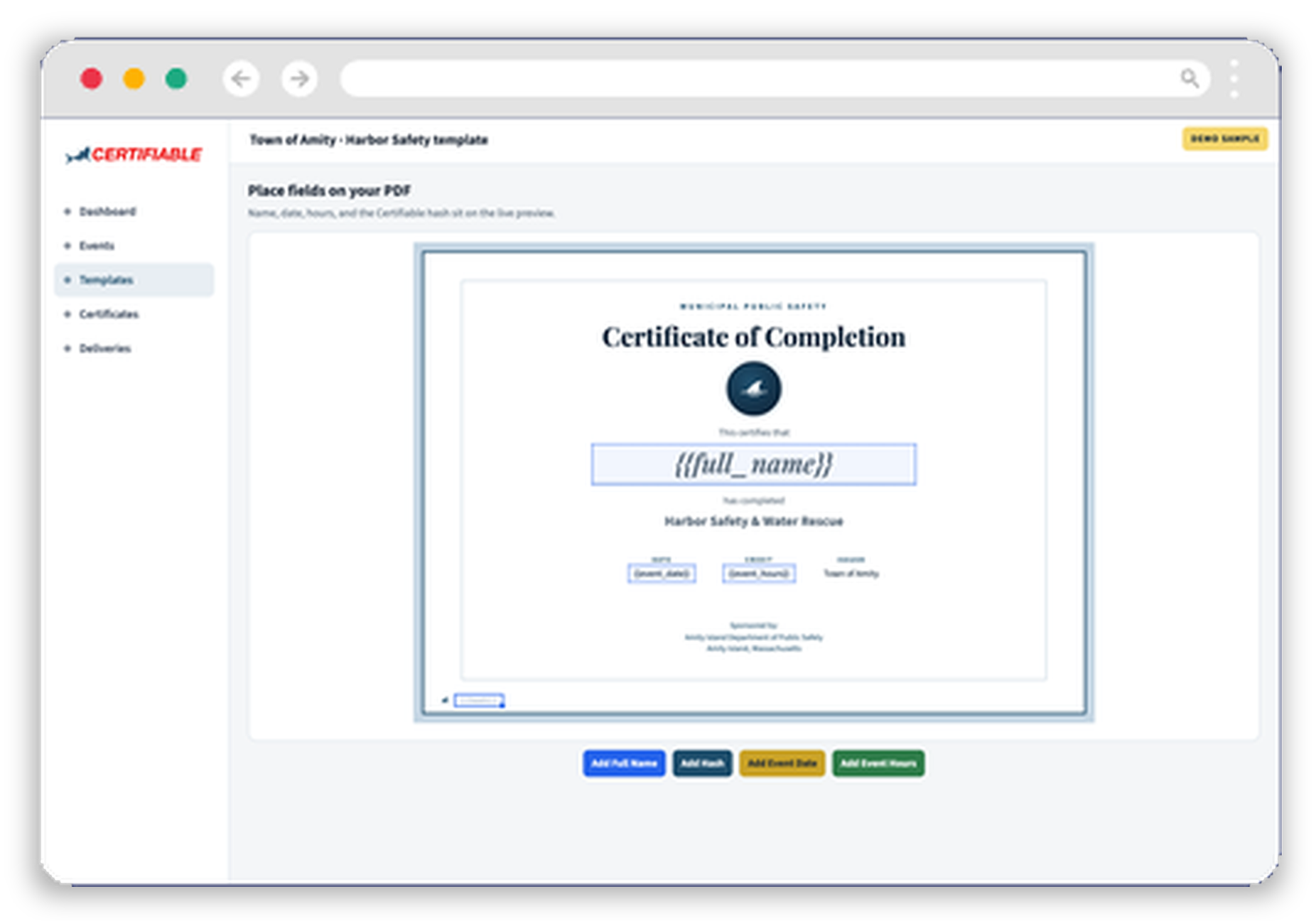Certifiable template editor placing name, date, hours, and hash fields on a Town of Amity Harbor Safety certificate