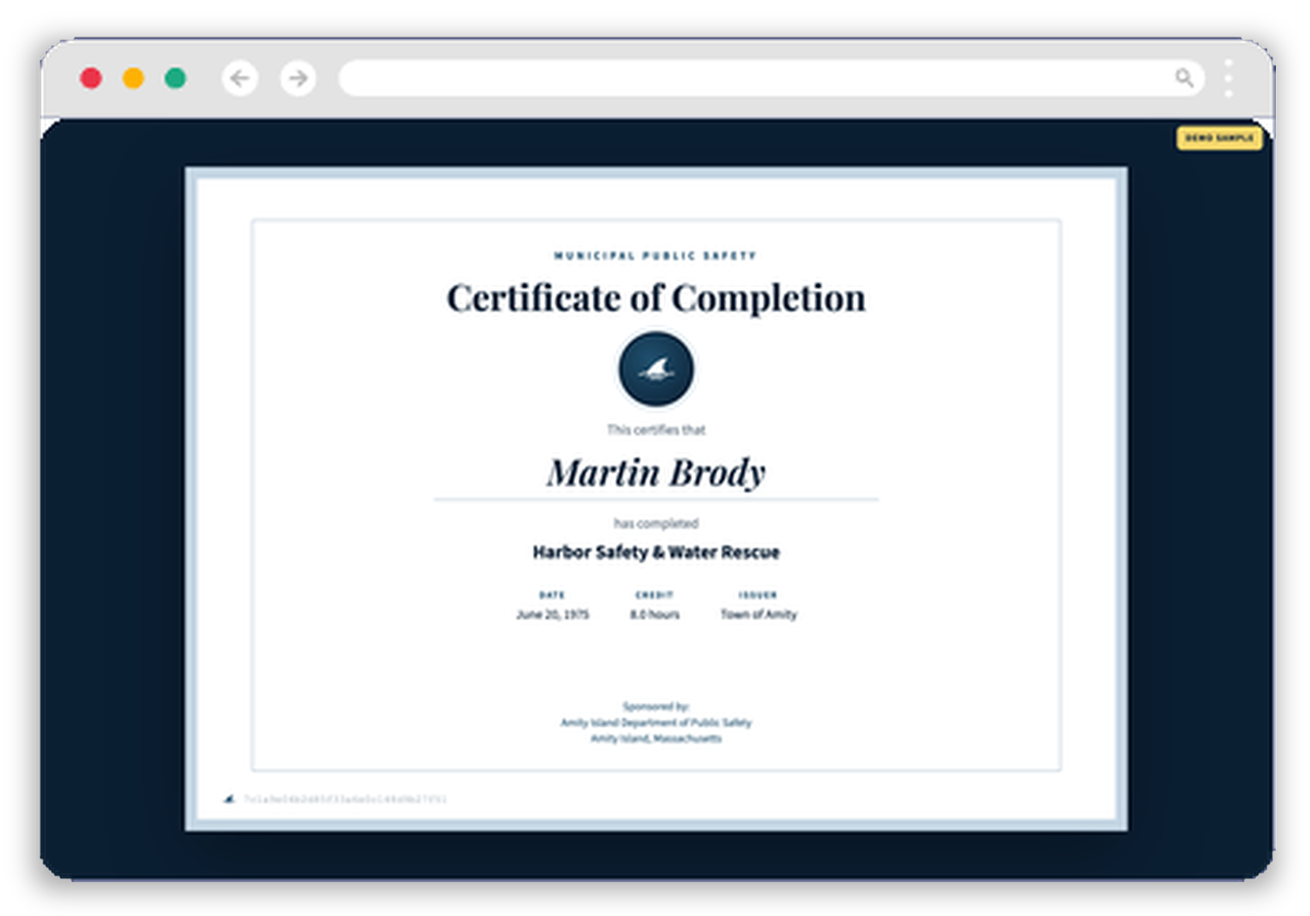 Sample certificate of completion for Martin Brody, Harbor Safety & Water Rescue, with the Certifiable mark and unique hash
